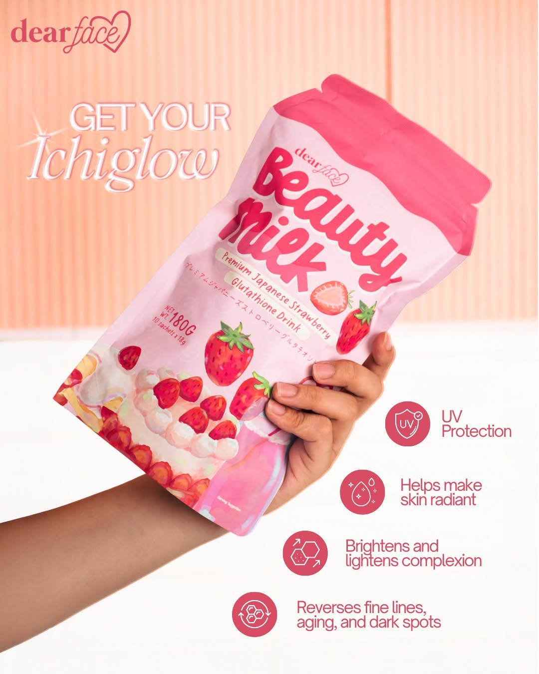 Dear Face Beauty Milk – Premium Japanese Strawberry Glutathione Drink [10 Sachets]